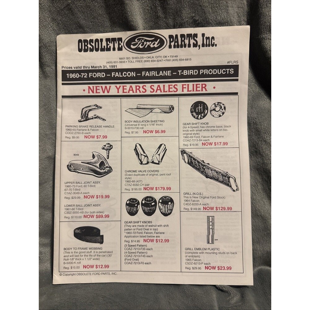Obsolete Ford Parts 1991 1960-72 Falcon T-Bird New Years Sales Flier Brochure